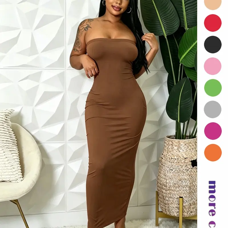 Women's Strapless Feminine Midi Dress, Stretchy Knit Long Sleeveless Bodycon Formal Cocktail Party Dress with, Slim Fit Evening Gown, Perfect for Dates, Night Out and Everyday