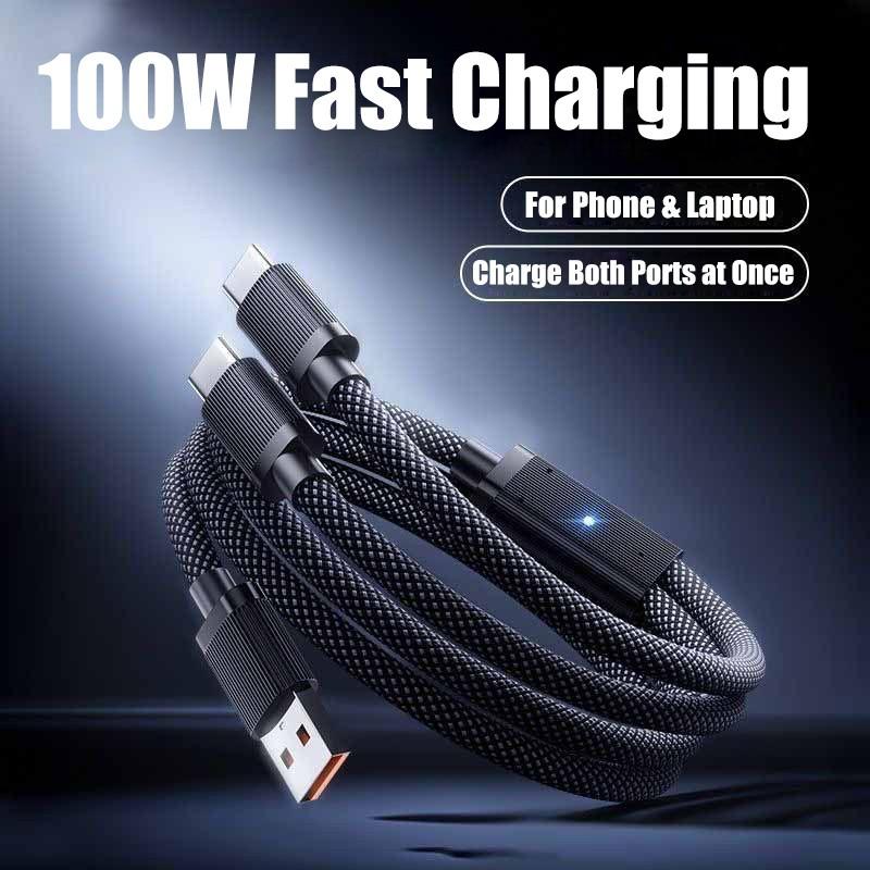 Pd100w Max Fast Charging Cable, One-To-Two Braided Data Line, Two-In-One Charger, USB-C Cable, Type-C Charging Cord for iPhone, Switch, Macbook, iPad