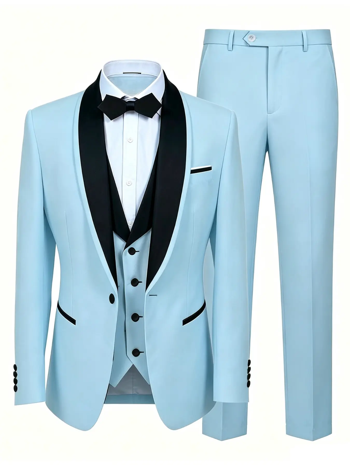 Men's 3-Piece Set Plain Long Sleeve Blazer, Button Front Top & Pants, Casual Slim-Fit Wedding, Natural Waist, China Made Suit