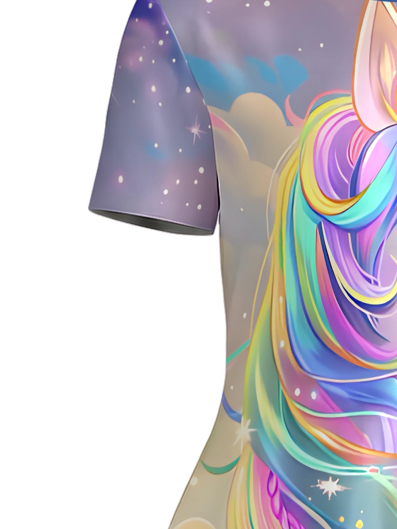 Girls' Rainbow Unicorn Dress, Summer Short Sleeve Cartoon Print, Knee-Length A-Line Princess Dress, Casual Fitted Asymmetrical Design