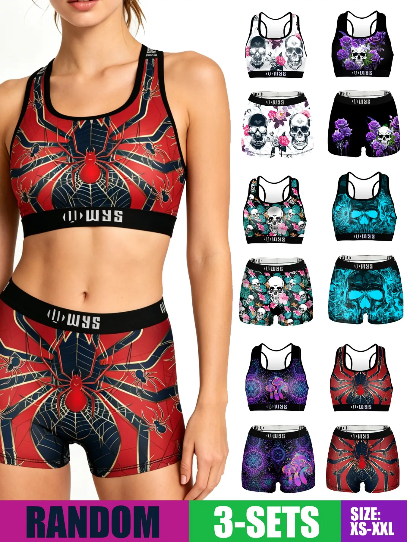 Random Women's 5 Sets Halloween Skull Print Sports Bra & High-Waist Shorts Set, Breathable Elastic Activewear for Gym, Workout & Running, Fitness Shorts Set