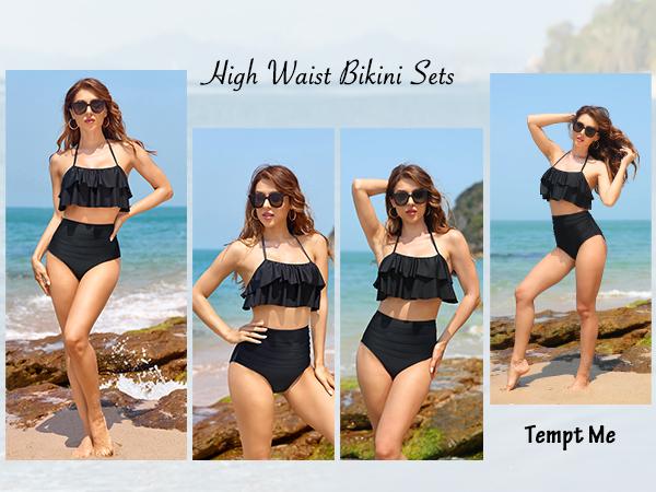 Tempt Me Women Two Piece Swimsuit High Waisted Ruffled Bikini Juniors Swimsuits for Teen Girls Ruffle Tummy Control Bottoms Halter Bathing Suits with Moderate Coverage Bottom Swimwear