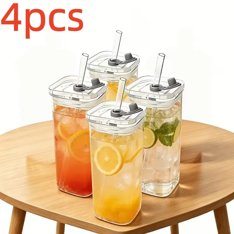 4pcs Square Glass Cups with Lids, Borosilicate Ice Coffee Cup Set, Glassware Drinking Glasses, BPA-Free, Ideal for Office, Home, School, Outdoor, Wedding
