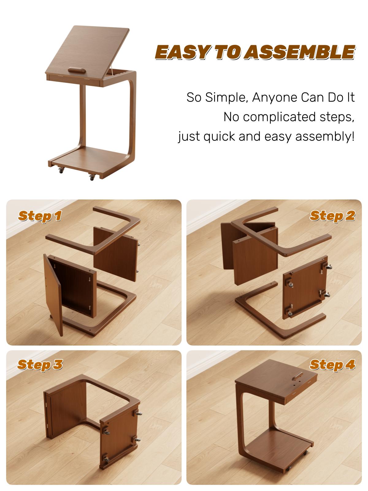 Compact Solid Wood Sofa Side Table – C-Shaped Design with Hidden Storage, Ideal for Living Rooms