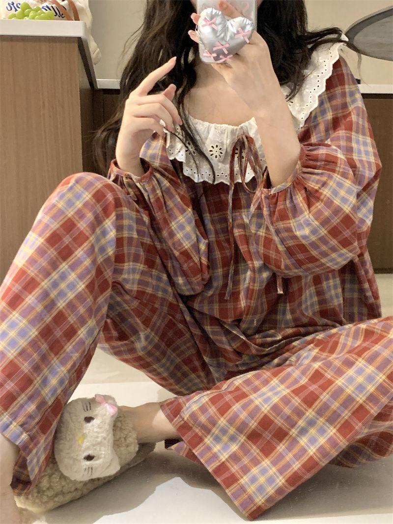 Women's 2025 Autumn New Cotton Lace Plaid 2-Piece Longsleeves Crew Neck Pajama Set - Lady's Cotton Waist Pants, Lounge Pjs Set, Home Sleepwear Loungewear