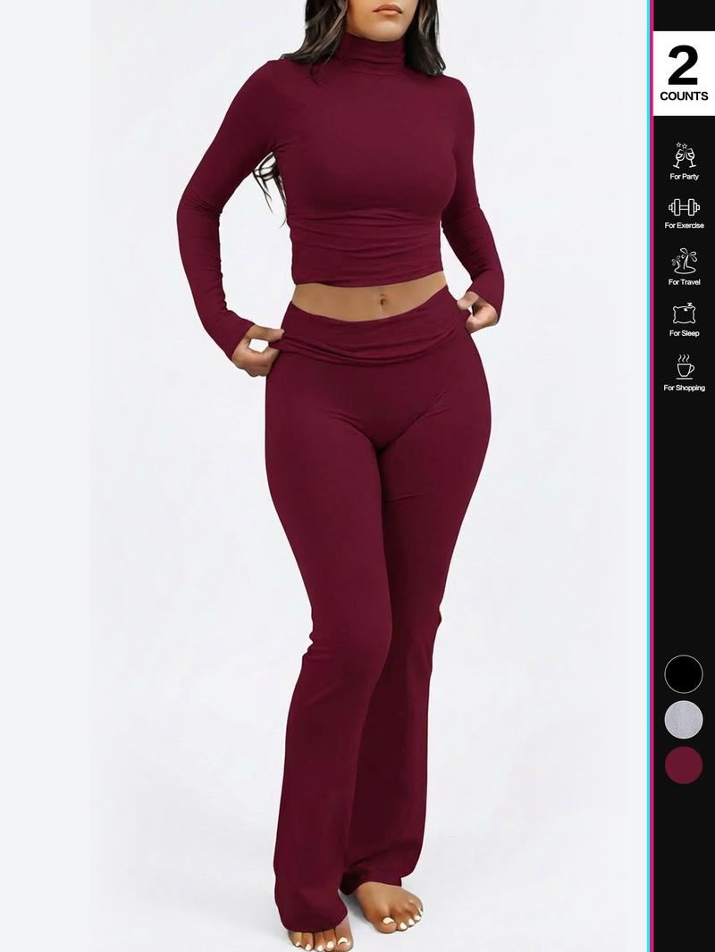 Women's Two-Piece Set Long-Sleeved Top & Elastic-Waisted Pants, Casual Breathable for Autumn Winter Everyday Wear