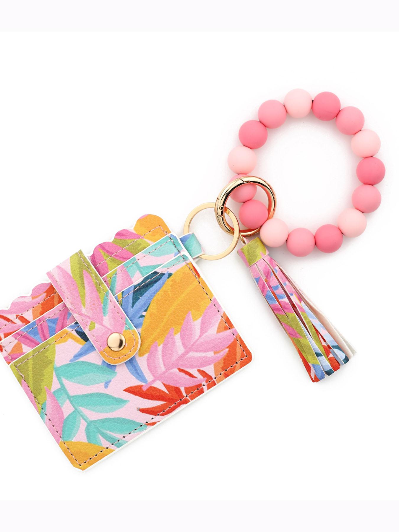Cute Patterned Beaded Keychain Wallet, Compact Card Holder with Tassel Wristlet, Portable Accessory for Women