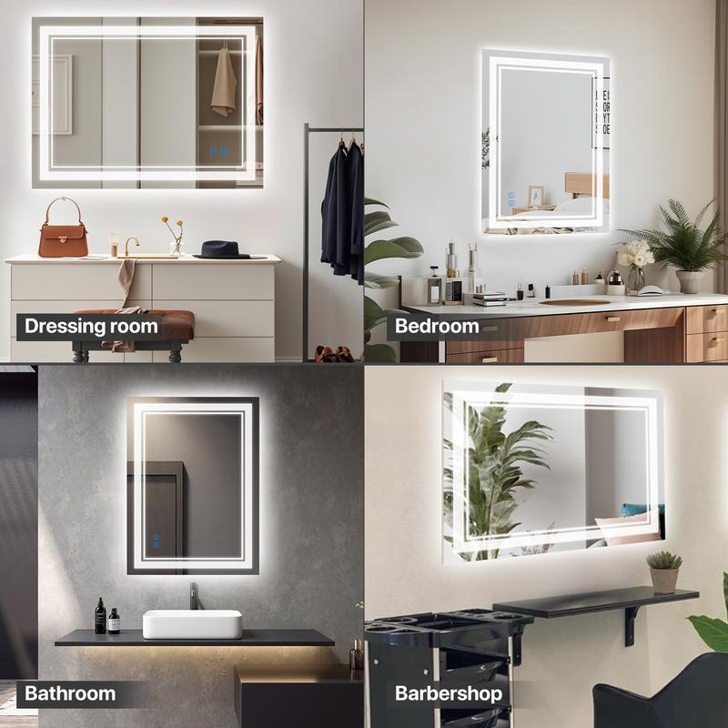 GLITGATE LED Bathroom Mirror Lights, Dimmable Bathroom Mirror with Touch Control, Over Sink Bathroom Mirror with Tempered Glass, 3-Color Options, Wall Mounted, Defogging&Memory Timing Function, Closets, Hallways,Barber Shop