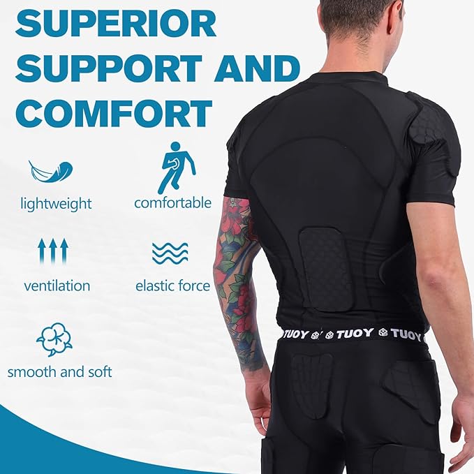 TUOY Men's Padded Compression Shirt Protective Shirt Rib Chest Protector for Football Paintball Baseball Padding Safety Athletic Apparel Athletic Top