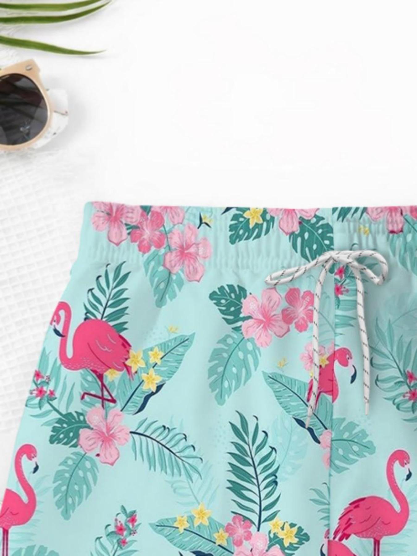 Summer Boys' Peacock Floral Print Drawstring Beach Pants, Kids Loose Fit Coastal Vacation Swim Trunks, Casual Short Beachwear