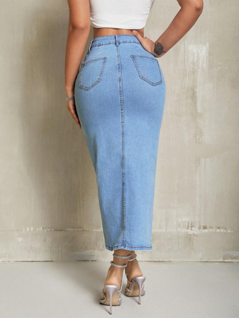 Women's Casual Elastic Front Slit Denim Skirt, Fashionable Comfort Design, Perfect for Daily Wear, Multifunctional Stylish Item
