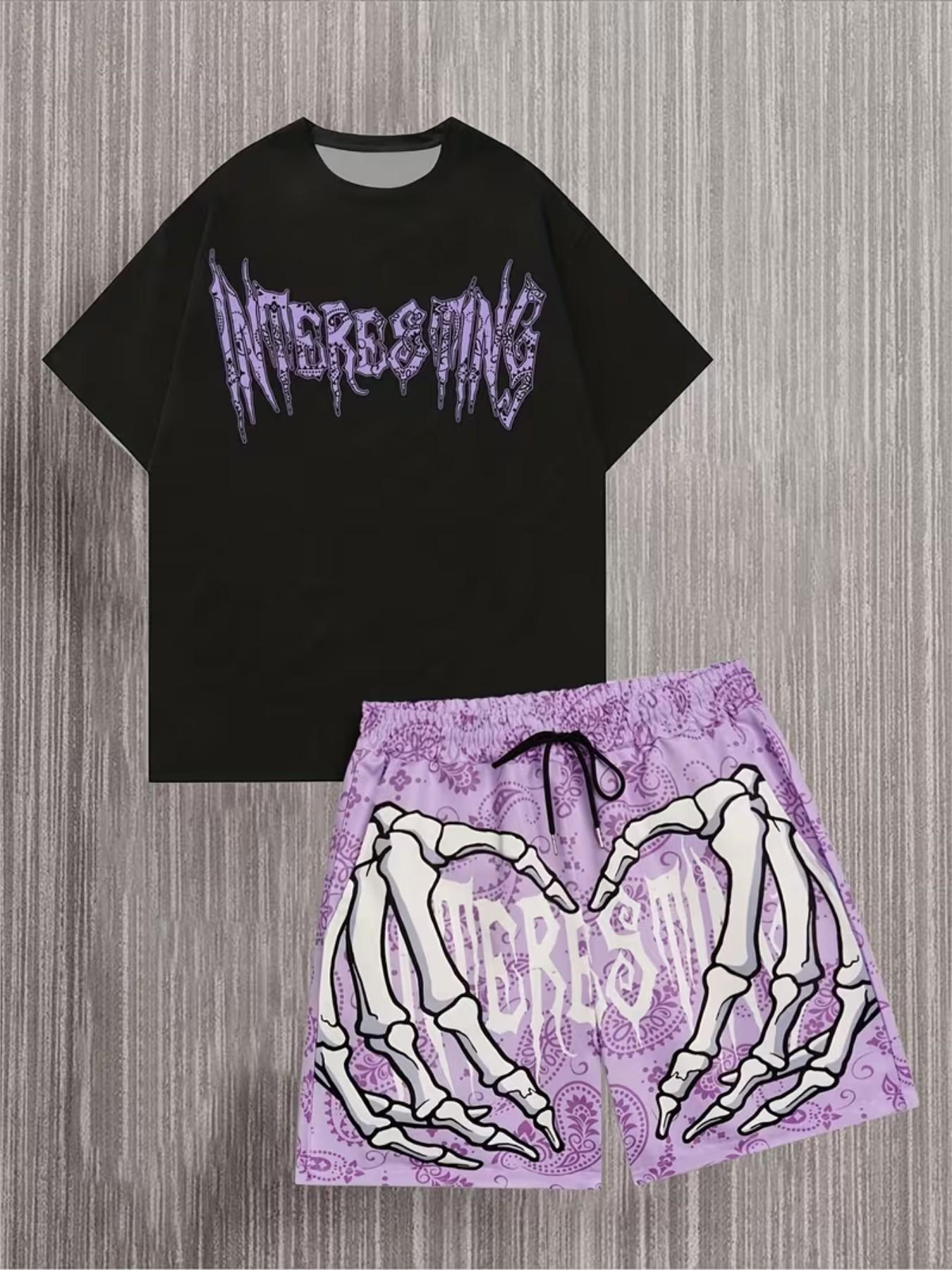 Y2K Style Men's Short Sleeve Shirt & Shorts Set, Casual All over Print, Comfortable Summer Streetwear, Fitted Above the Knee