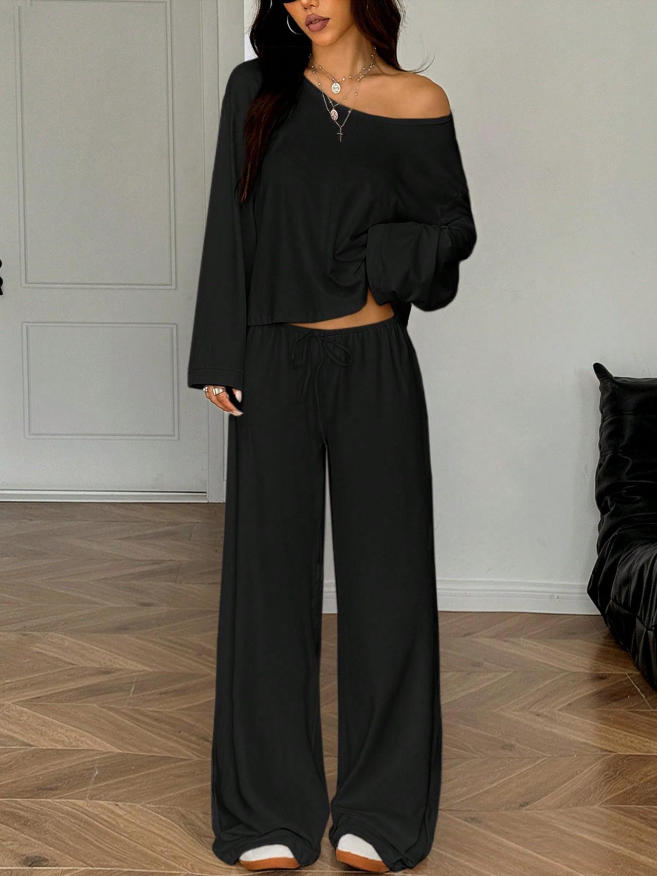 French Minimal Chic Cold Shoulder Cutout Two Piece Set, Summer Casual Loose Cropped Top & High Waist Adjustable Drawstring Trousers, Figure-Flattering Loungewear