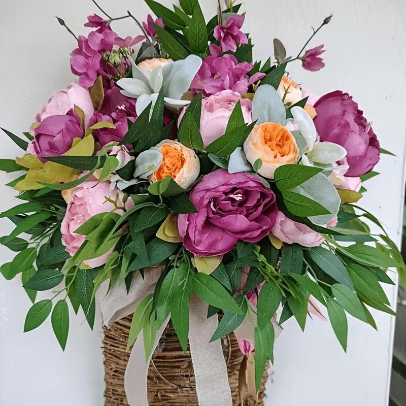 Peony Flower Door Basket Wreath, Spring Summer Wall Hanging Decor, Includes Hydrangea, Plastic Wreath for Front Door, Mother's Day, Daily Decor