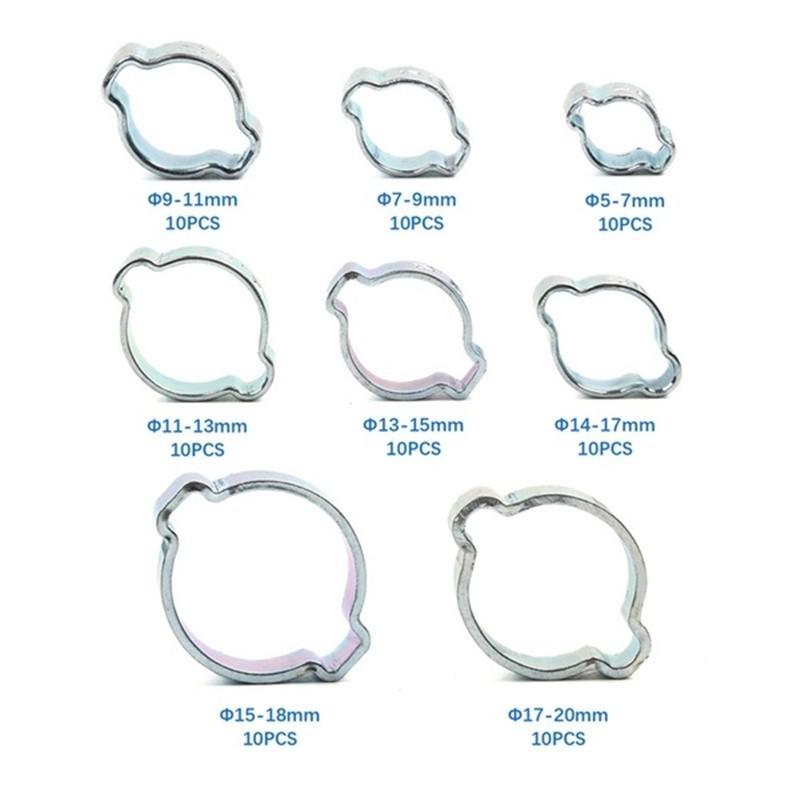 80pcs Dual Ear O-Ring Clamps for Air Fuel Hose, Gasoline Tube Clips, 5-20mm, Durable and Reliable, Ideal for Automotive Use