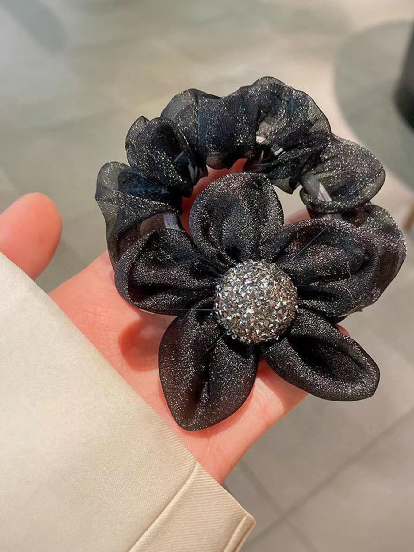 3pcs-Girls-Floral-Hair-Accessories-Set-For-Buns-Including-Beige-Organza-Flower-Hair-Elastic-Brown-Flower-Hair-Clip-And-Black-Hair-Tie-That-Are-Suitable-For-Daily-Life