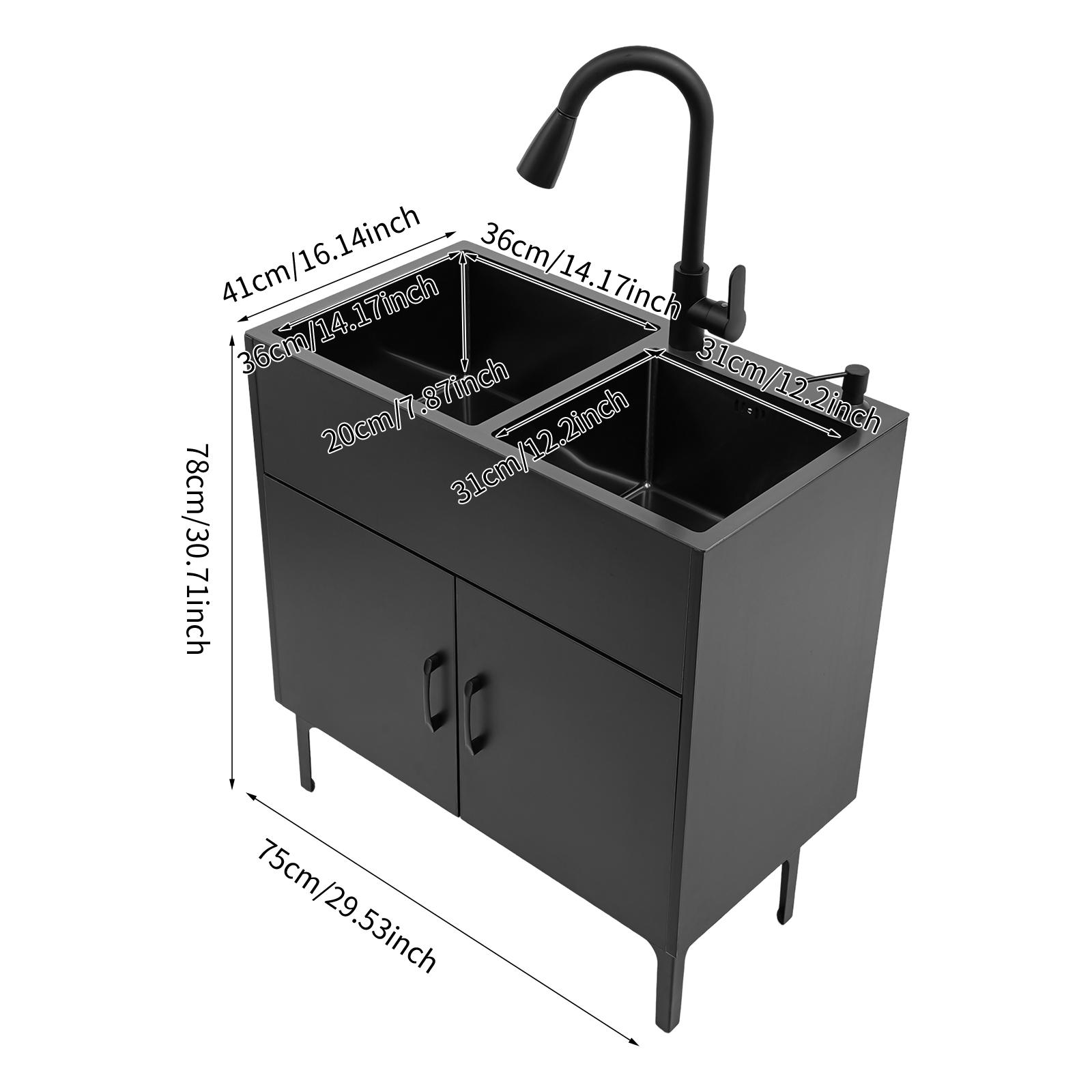 Laundry Utility Sink with Cabinet & Pull-Down Faucet Freestanding Stainless Steel Utility Sinks with 2 Doors Deluxe Bouble Kitchen Sink Wash Station Tub for Laundry & Kitchen, Bathroom(Black)