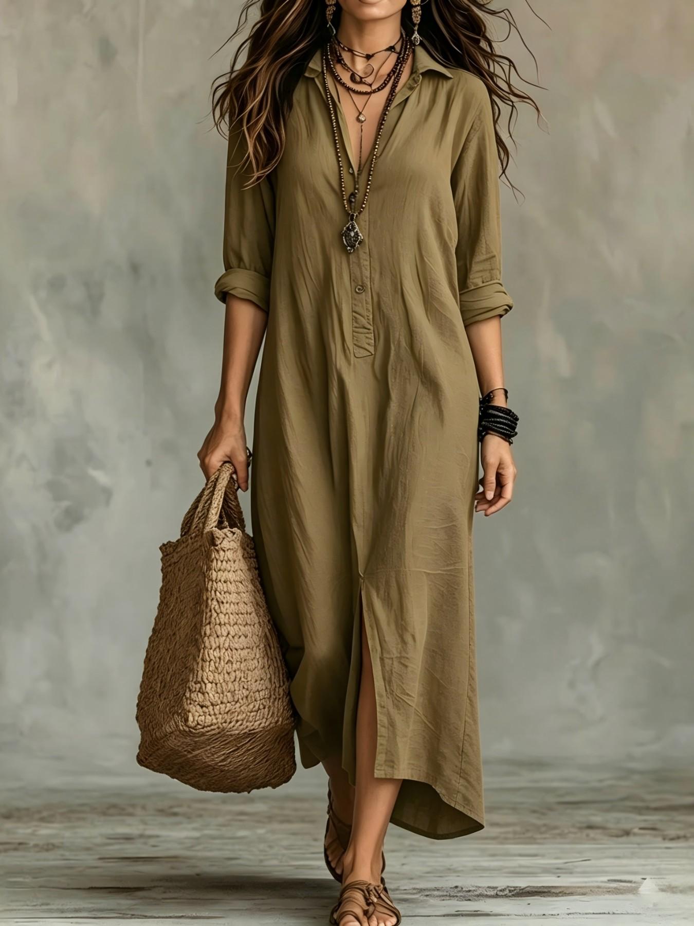 2026 Spring Summer Cross-Border Casual Solid Color Notched Lapel Front Split Long Dress, Trendy Women's Fashion, Comfortable & Stylish