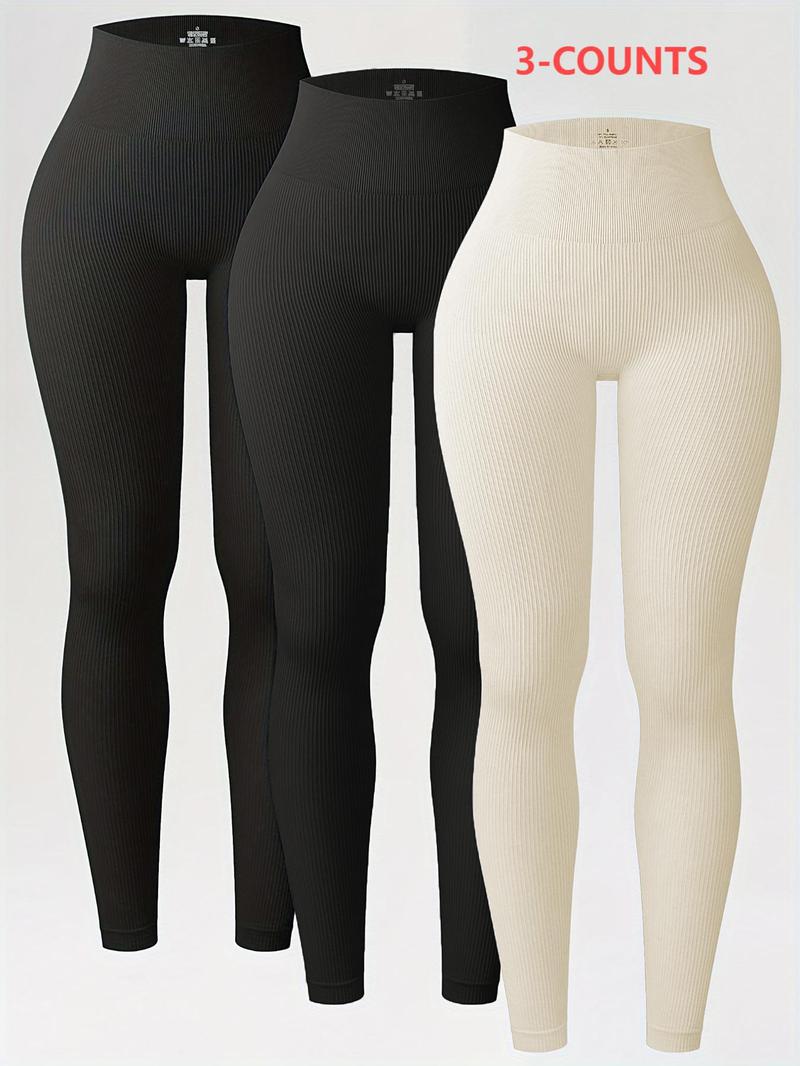 Women's Solid High Waist Leggings, Sporty Comfy Breathable Ribbed Skinny Pants for Yoga Gym Workout, Ladies Sportswear for All Seasons