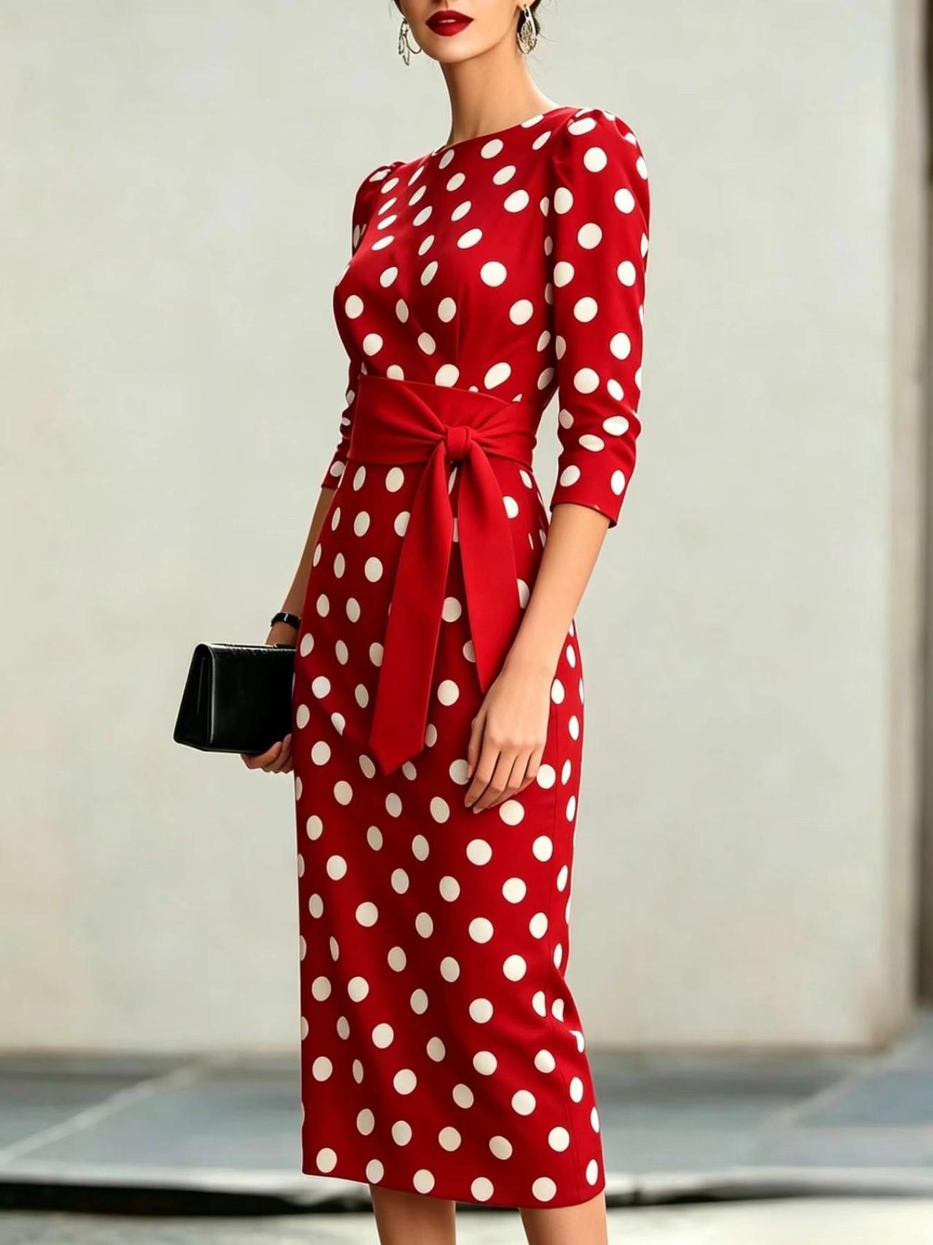 Women's Summer New Fashion Elegant Chic Polka Dot Bodycon Dress with Waist Belt, Stylish and Comfortable, Perfect for Daily Wear