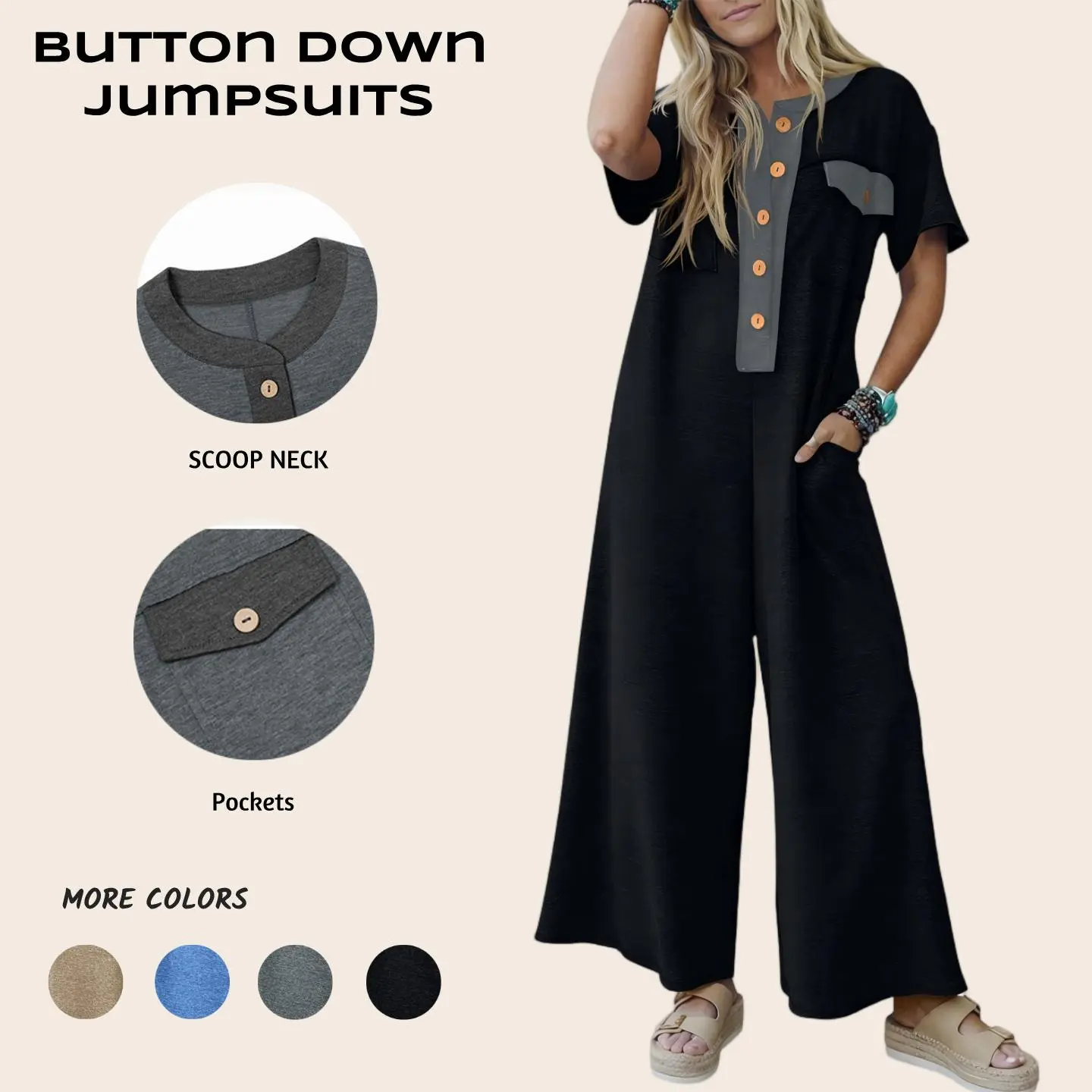 Imily Bela Womens Casual Loose Jumpsuits Short Sleeve V-Neck Button Down One Piece Outfits Wide Leg Summer Long Pant Rompers with Pockets