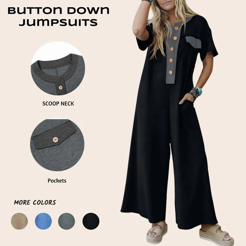 Imily Bela Womens Casual Loose Jumpsuits Short Sleeve V-Neck Button Down One Piece Outfits Wide Leg Summer Long Pant Rompers with Pockets