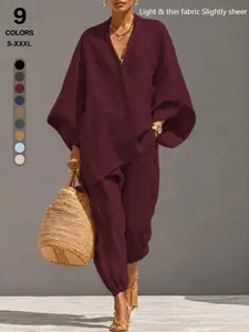 Relaxed Linen Two-Piece Set, V-Neck Batwing-Sleeve Top, Cuffed Lantern Pants, Loose Fit, Breathable, Versatile for Work and Leisure, Clothes