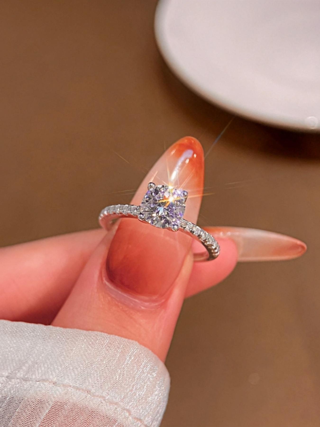 S925 Sterling Silver 1CT Synthetic Moissanite Ring, Luxury Engagement Ring for Women, Trendy All-match & Exquisite Jewelry for Birthday Gift with Box