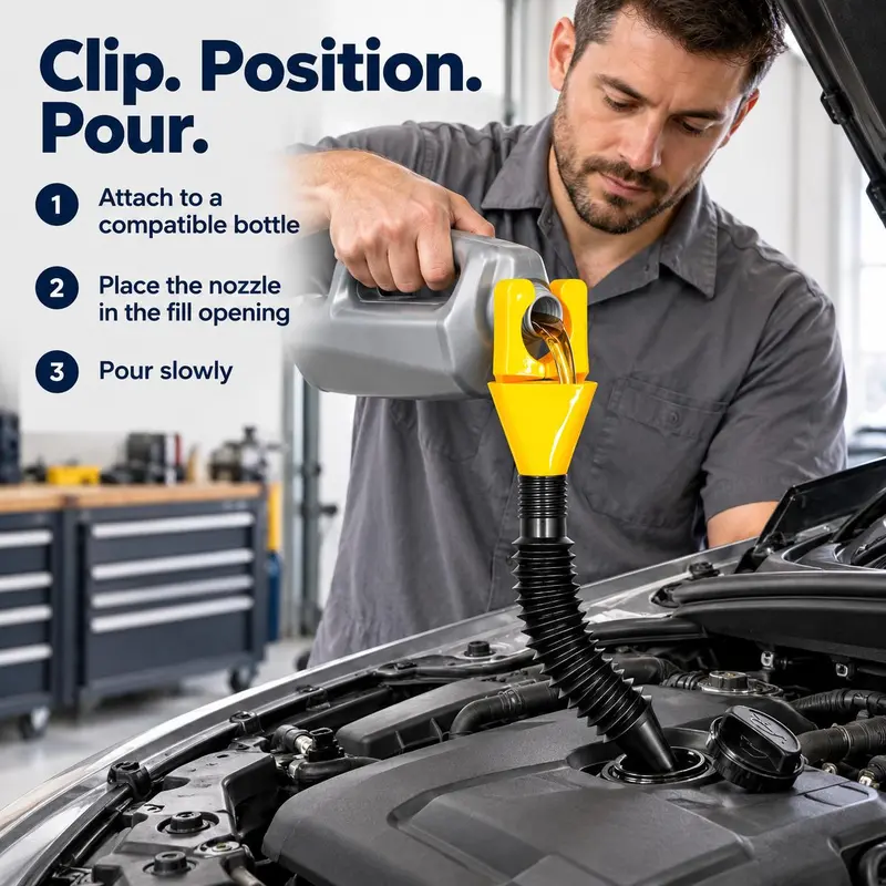 Person positioning the flexible oil funnel and pouring slowly during vehicle maintenance