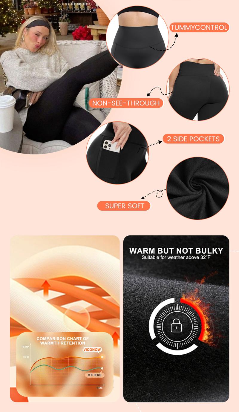 [Size up recommended] Viconow Fleece Lined Leggings for Women with Pockets-High Waist Tummy Control Soft Warm Yoga Workout Pants