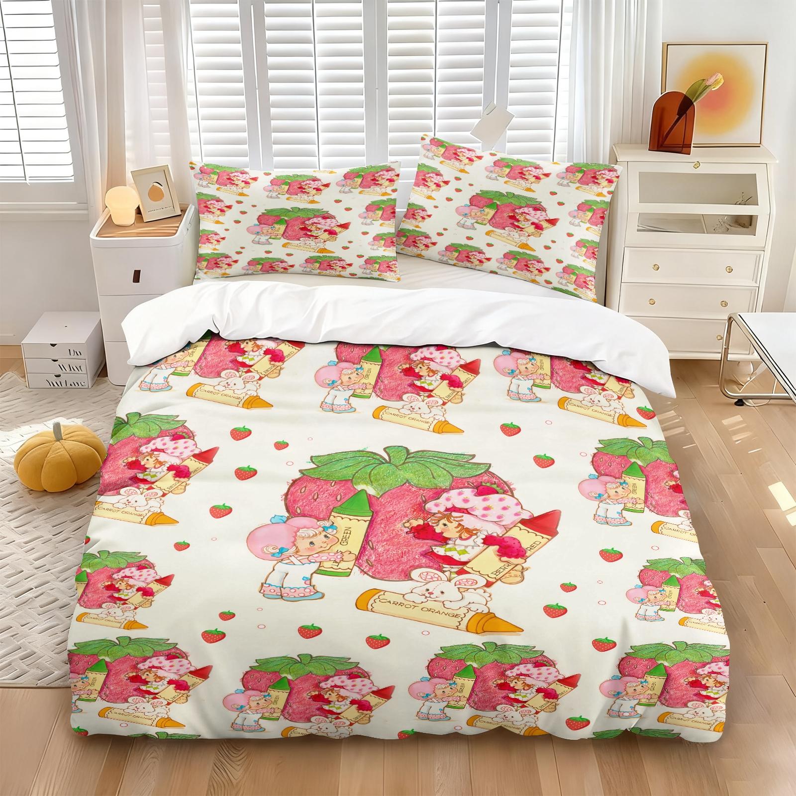 Vintage Strawberry Girl Cartoon 3-Piece Duvet Cover Set, Ultra-Soft Microfiber Bedding with 2 Pillowcases, Cute Kawaii Style Bedding for Kids Girls Bedroom Dorm Decor