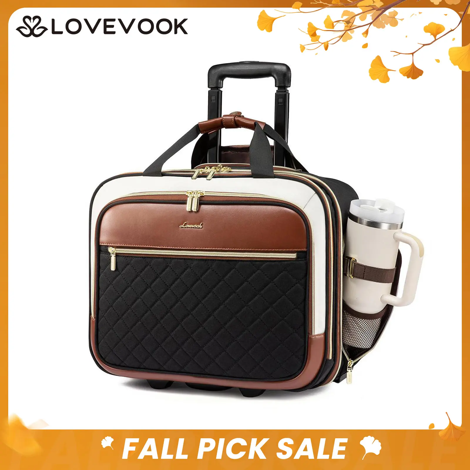 LOVEVOOK Rolling Laptop Bag Women, 17.3 Inch Laptop Briefcase with Two Wheels, Soft Sided Underseat Carry On Luggage Personal Item Suitcase for Work Travel Business, Black Brown outdoorfun