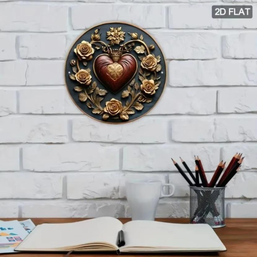 Aluminum Framed Sacred Heart Wall Art in Gold and Burgundy for Elegant Home Living Room Decor