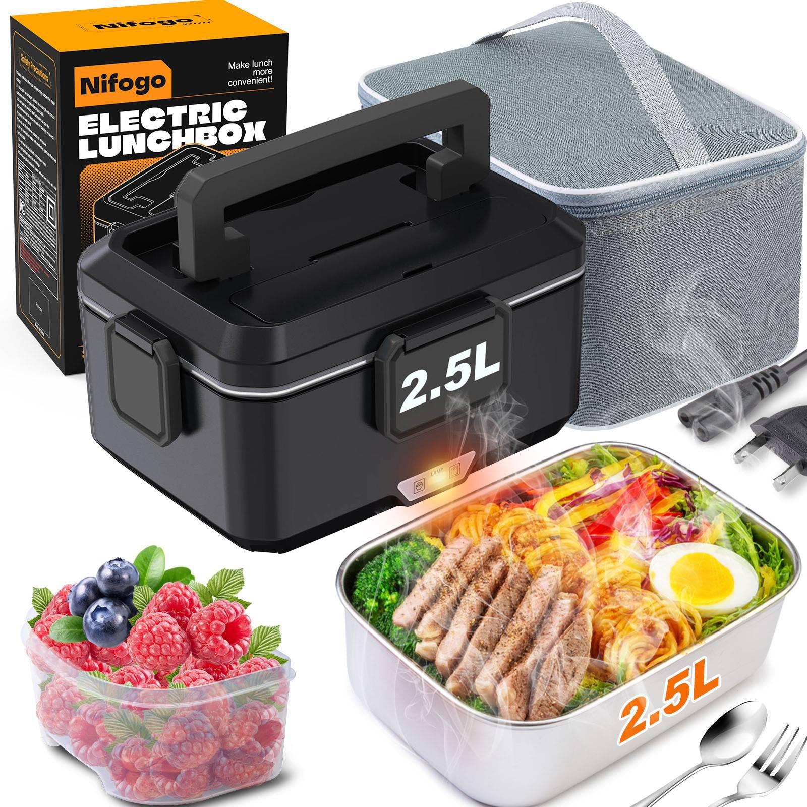 Electric Lunch Box Food Heater for Adults, Heated Lunch Box 12V/24V/110V Portable Food Warmer for Car/Truck/Office 1.8L Removable Stainless Steel Container with Fork Spoon and Bag，Extra large capacity