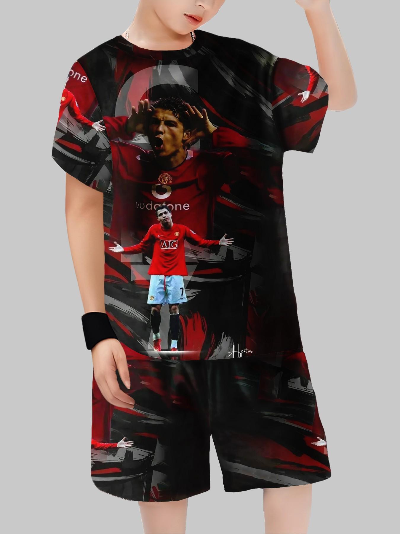 Boys' Colorblock Manchester United Cr7 Tee & Track Shorts, All over Print, Casual Summer, Party, Vacation, School Wear