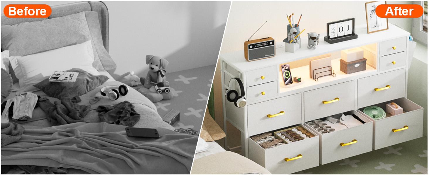10-Drawer Dresser with Charging Station & LED Lights – Fabric Storage Organizer with Faux Leather Front, TV Stand for 55" TV, USB Ports, Side Pockets & Hooks, for Bedroom, Closet, Entryway, 47.2" W 10-Drawer Dresser with Charging Station & LED Lights – Fabric Storage Organizer with Faux Leather Front, TV Stand for 55" TV, USB Ports, Side Pockets & Hooks, for Bedroom, Closet, Entryway, 47.2" W