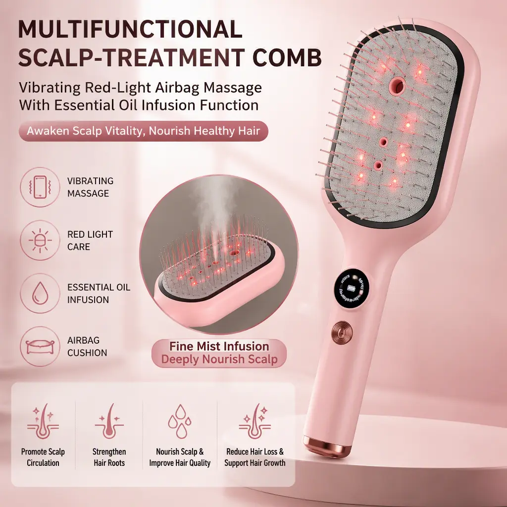 Multifunctional Scalp‑Treatment Comb, Vibrating Red‑Light Airbag Massage Hair‑Care Comb with Essential Oil Infusion Function for Household Use