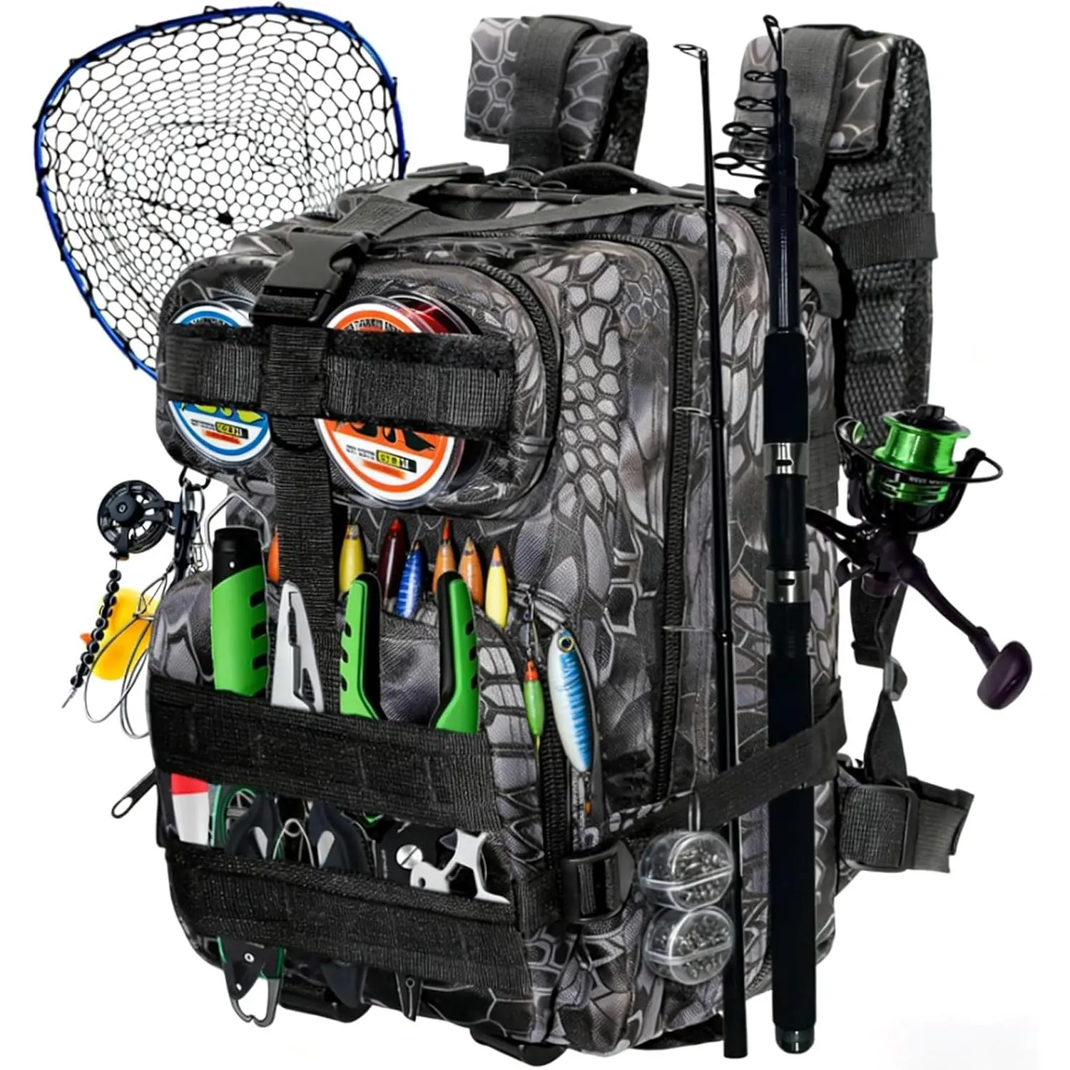 Fishing Tackle Backpack Lightweight Water-Resistant Rod Holder Bag |   Waterproof Oxford Fabric Fishing Tackle Backpack with All-in-One Rod Holder and Gear Storage for Outdoor Anglers Gear