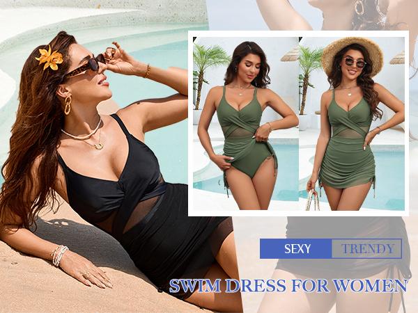 Blooming Jelly Twist Front One Piece Swimsuit Womens Modest Tummy Control Swim Dress