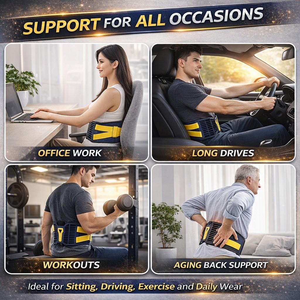 Adjustable Waist Support Belt for Men & Women, Dual-Wing Back Support Strap for Sitting, Driving, Desk Work, Travel & Workout, Breathable Mesh, 360° Wraparound Fit, Wide Coverage, One Size Daily Comfort