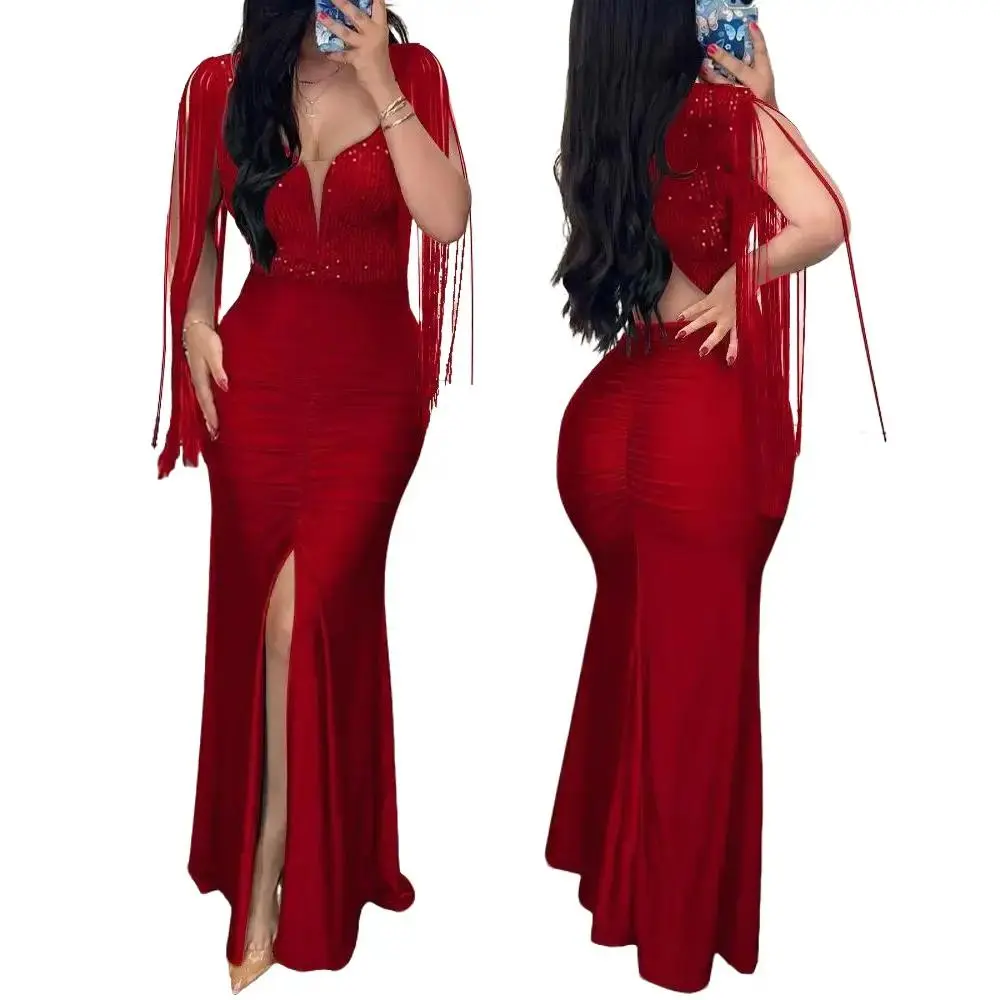 Women's tassel sequined fishtail dress V-neck  slit tassel sleeves  evening dress gown formal red wedding guest dresses Red Gorgeous