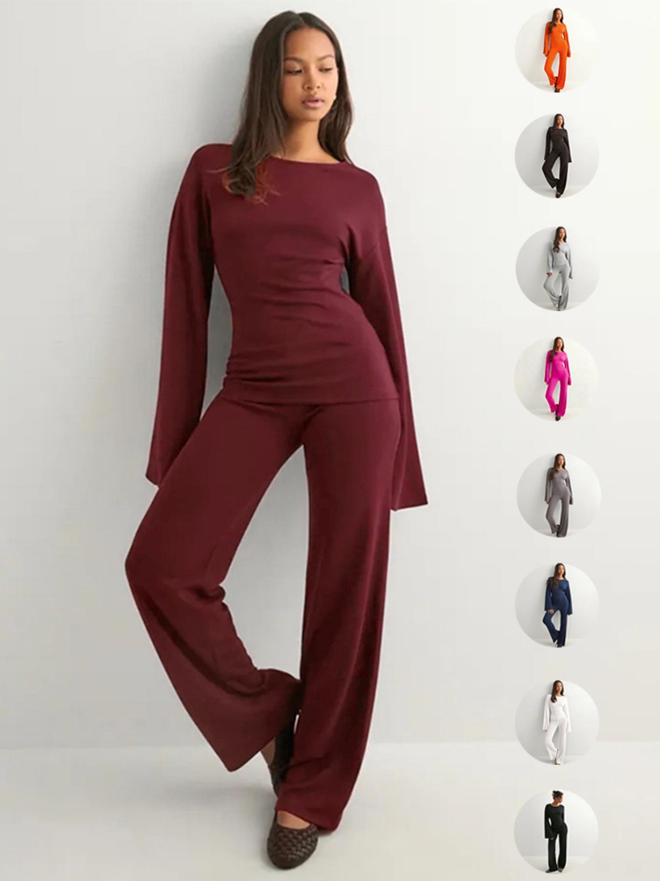Women's New Fall Fitted Round Neck Flare Sleeve Top & Elastic Waist Straight Leg Pants Set, Casual Fashion for Daily Wear