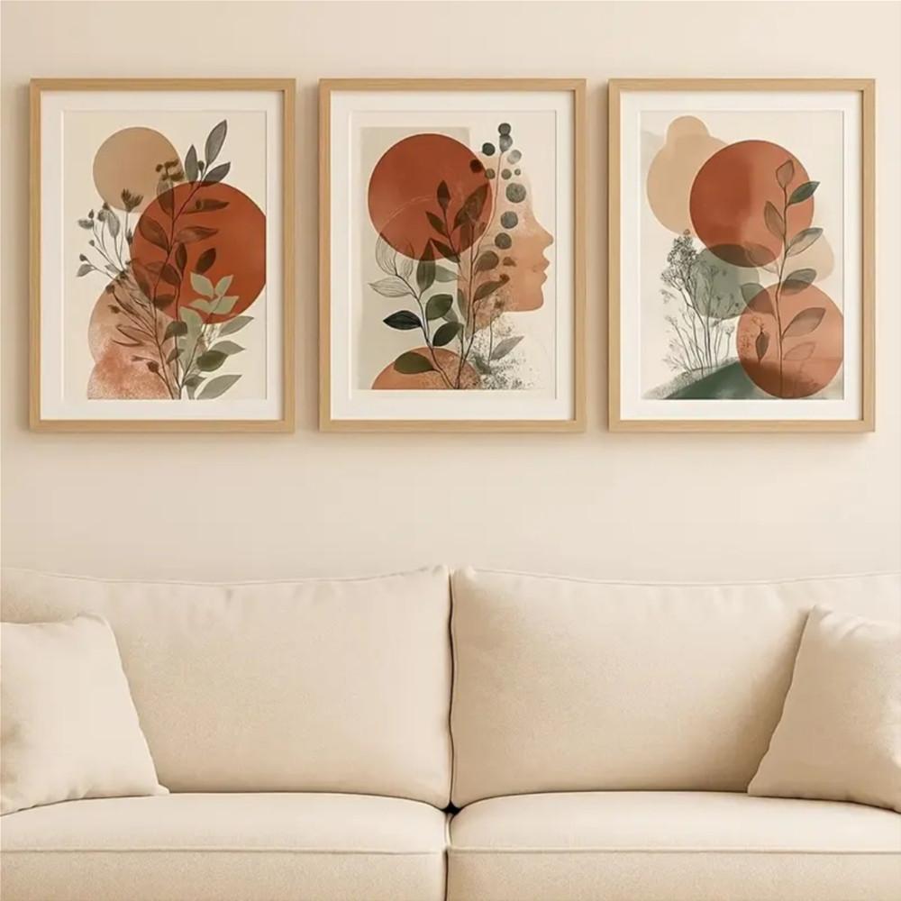3-Piece Optional Wooden Frame Bohemian Terracotta Geometric Leaf Abstract Floral Art High Color Reduction Flat Surface Minimalist Home Background Decor