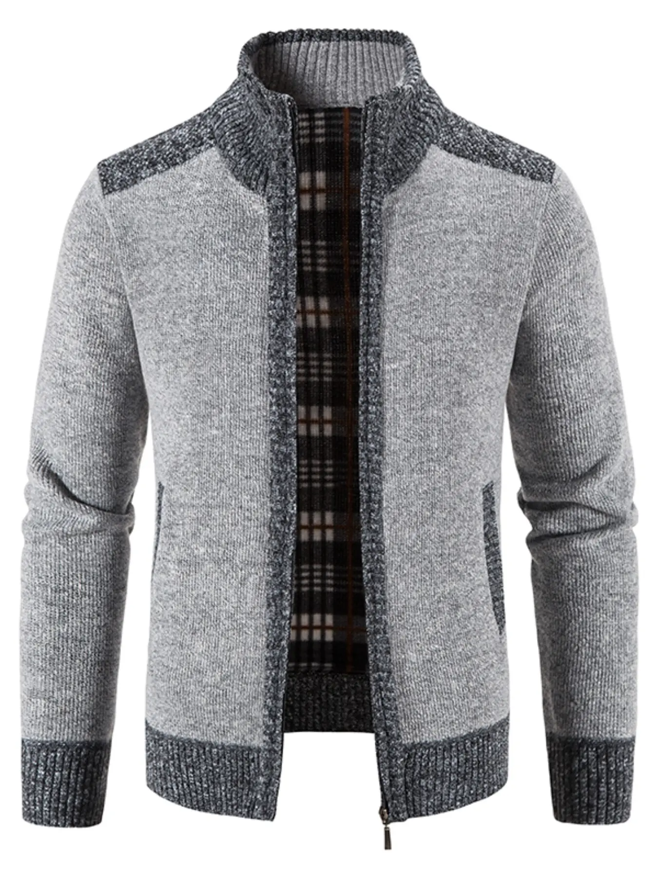 Thickened Fleece Stand Collar Knit Cardigan, High-Density Soft Fabric, Zip Closure, Slim Fit, Casual Spring & Fall Wear, Easy Care