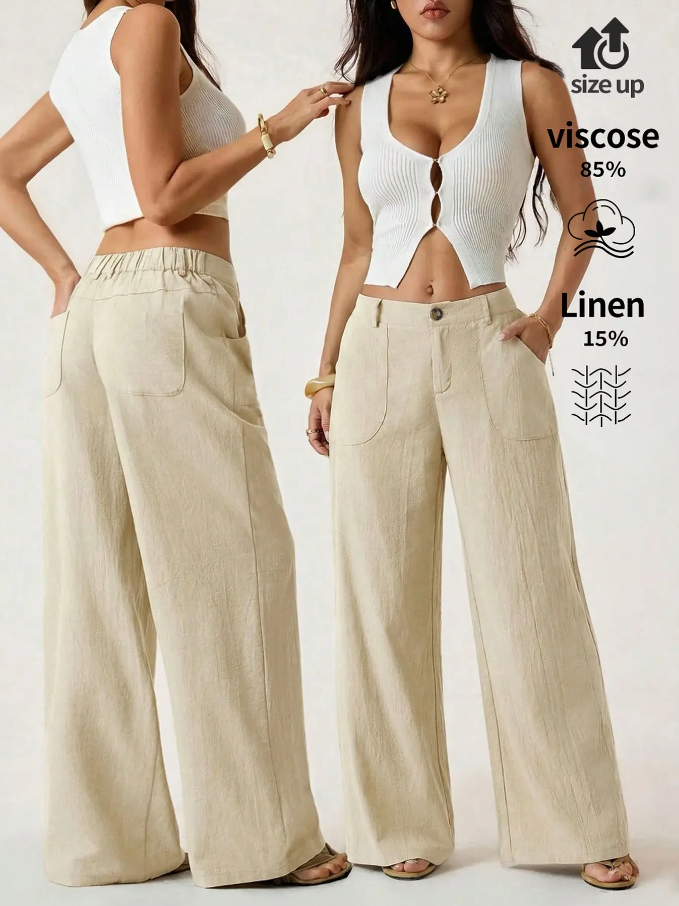 bottams soft linen pants womens Women's Classical Chic Linen Palazzo Pants Summer Flowy Loose Baggy Wide  Straight Leg Beach Trousers With Pocket Casual Solid Color Soft Elastic  High