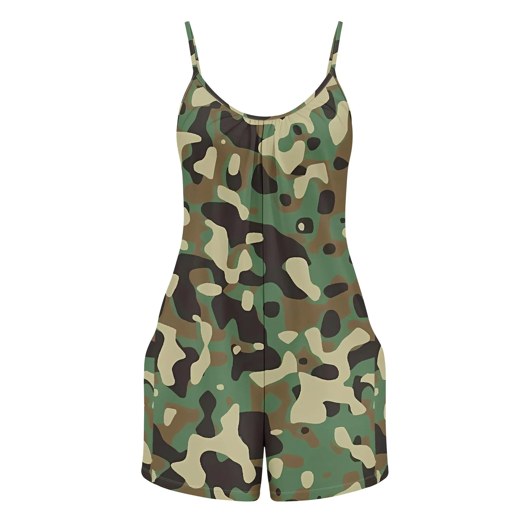 Camouflage Romper, Camo Jumpsuit, Pocket Playsuit, Army Green Outfit, Summer Casual Wear for Women, S-2XL