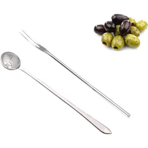 Long Handle Olive Spoon and Pickle Fork Jars Serving Spoon and Fork Set,Stainless Steel Food Picker for Pickle Cucumber Arugula