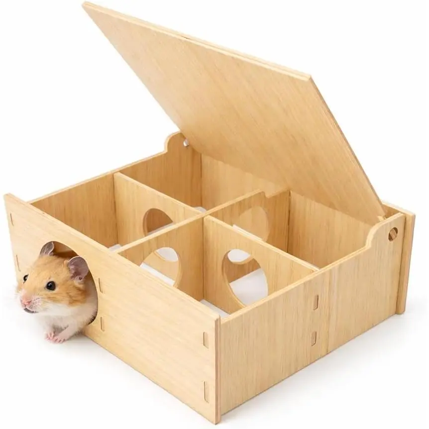 Hamster and  Wooden Tunnel Cage  Peep Shed and Explore Hideout Flip Cover Design Hamster Play Tunnel