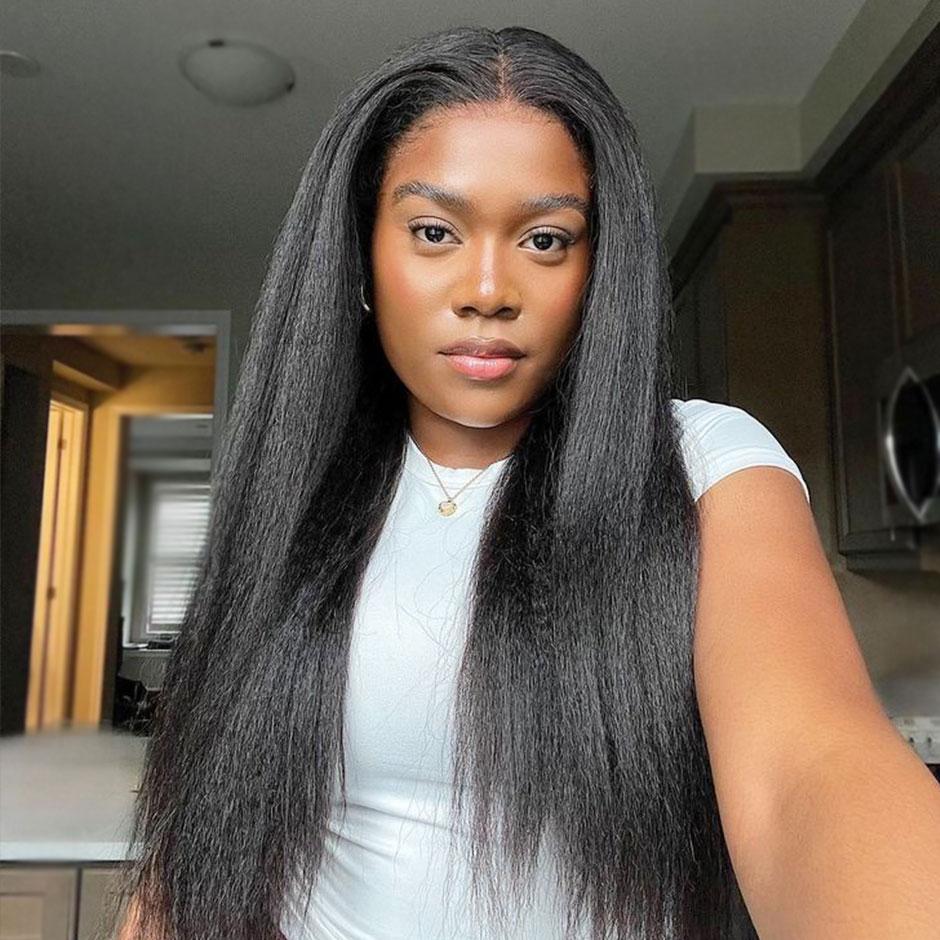 Moreface Beauty Kinky Straight Lace Front Wigs Human Hair Pre Plucked With Baby Hair 180% Density Yaki Straight 360 HD Lace Full Lace Wig