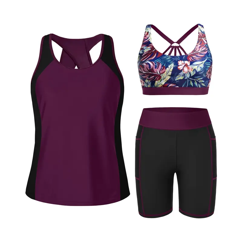 Tempt Me Women Three Piece Tankini Swimsuits - Athletic Bathing Suits Swim Tank Top with Boy Shorts and Bra Modest Swimwear